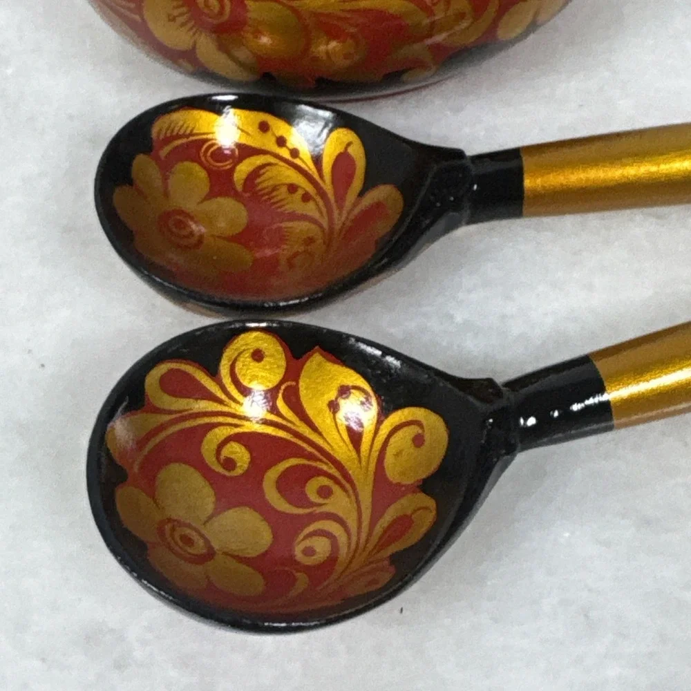 Vintage Wooden Russian Khokhloma 2 Spoon and Bowl Set